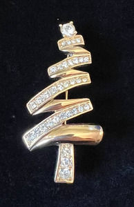 Vintage Monet Christmas Tree Brooch Rhinestones Shiny Gold Tone Zig Zag Abstract